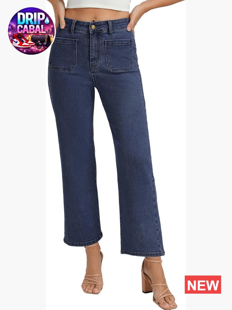 Mid Rise Straight Leg Stretchy Denim Jeans With Pockets